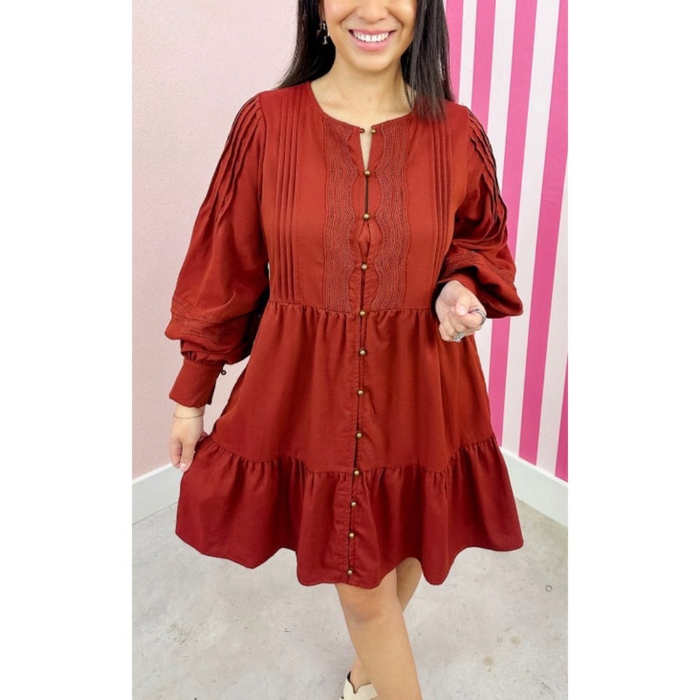 Entro Tiered Mini Dress Womens Medium Rust Orange New Boho Crochet Lace Pleated